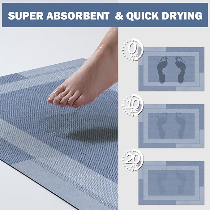 Non Slip Bath Mat, Rubber Backing Ultra Thin Bathroom Rugs Fit Under Door Quick Dry Super Absorbent Washable Bath Rug Shower Mat for Bathroom Floor Bathtub Shower Sink, Easy Care Blue 24"x 35"