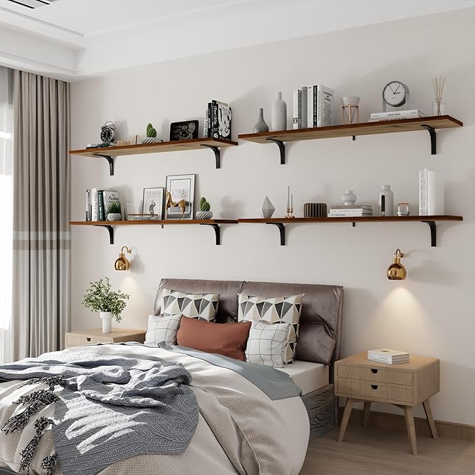12x48 Inch Rustic Wood Floating Shelves 4-Pack - Farmhouse Walnut Wall Shelves with 100 lbs Capacity, Easy Installation for Living Room, Kitchen, Bathroom