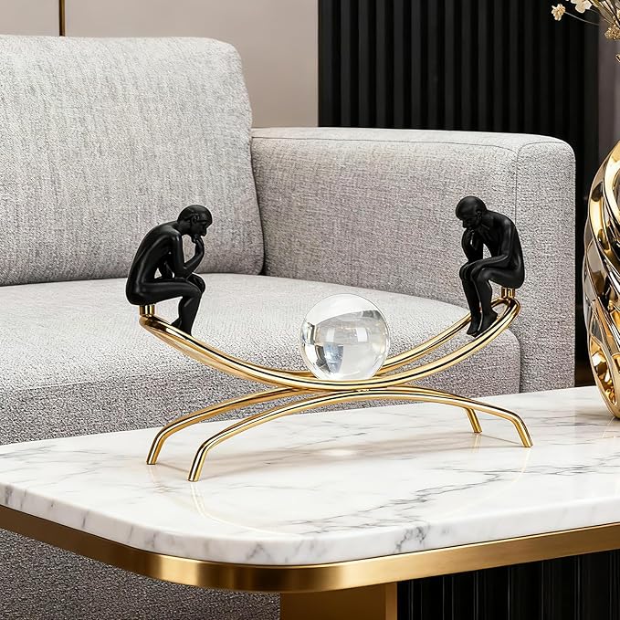 Thinker Thinking Man Statue with Crystal Ball Sculpture Figurine, Sculptures Home Decor, Home Office Living Room Desktop Display Decoration, Christmas or Birthday Gift