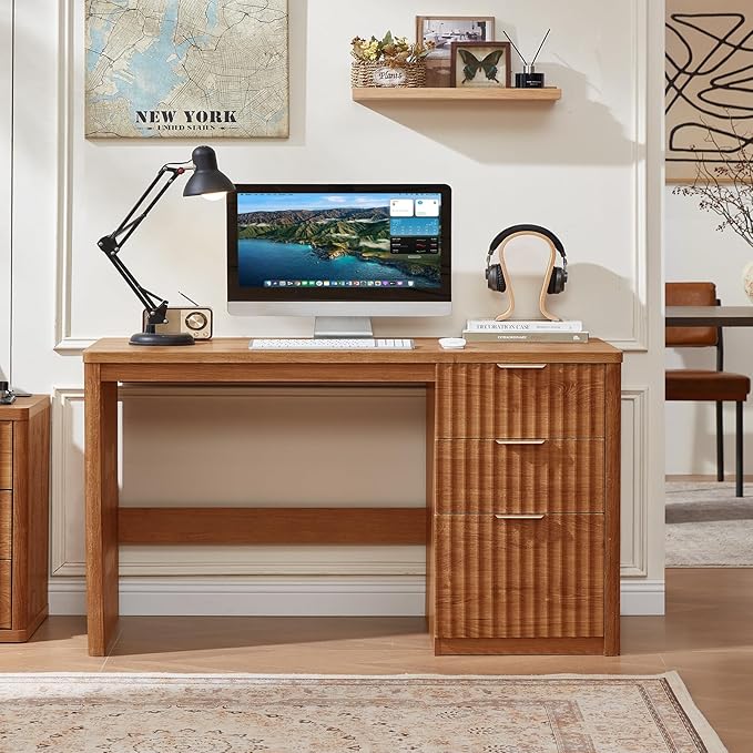 LEYAOYAO Office Desk 48" with 3 Drawers Storage File Cabinet Wood Fluted Desk for Computer Office Bedroom Home Furniture Tea Brown