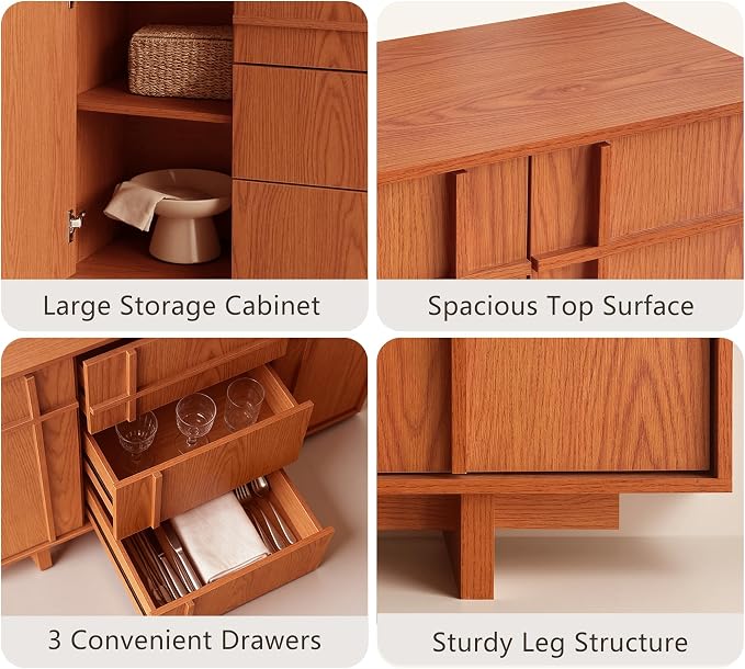Sideboard Buffet Cabinet with Storage, 47.2" Large Sideboard with 2 Doors&3 Drawers, Mid Century Modern Credenza with Skeleton line&Wood Grain for Living Room, Kitchen and Entryway, Cherry