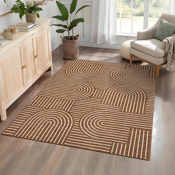 Washable Rug 5x7 Area Rugs for Living Room, Abstract Rug for Bedroom, Soft Rainbow Non Slip Throw Rugs with Rubber Back, Low Pile Stain Resistant Boho Geometric Carpet for Dining Room, Copper