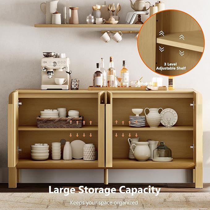WAMPAT 126" W Large Buffet Sideboard Cabinet with Storages, Modern Buffet Table Coffee Bar Wine Bar Storage Curved Cabinet with 4 Doors for Dining Room, Living Room, Kitchen,Oak