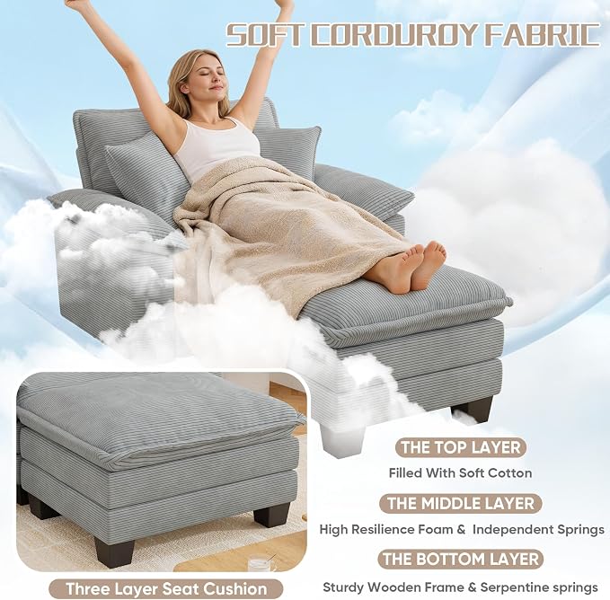 Chaise Lounge Chair Indoor, Oversized Accent Chairs with Ottoman, Luxury Corduroy Upholstered Deep Seat Sleeper Sofa Reading Chairs and A Half with Pillows for Living Room, Bedroom, Apartment, Grey