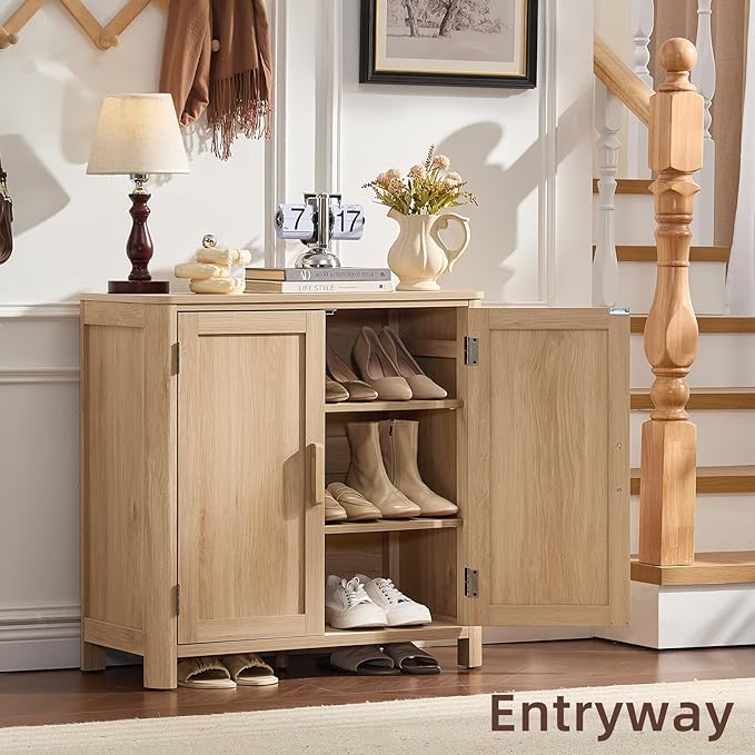 Sideboard Buffet Cabinet with Storage, 31.5" Arc-Shaped Credenza with 2 Doors & Adjustable Shelves, Mid Century Modern Coffee Bar Cabinet for Kitchen, Living Room, Entryway, Natural