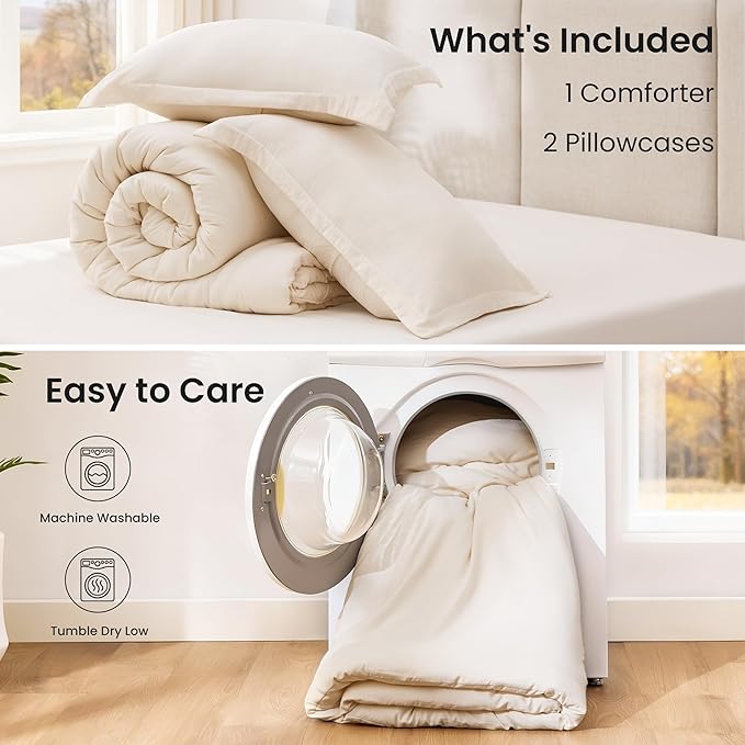 Love's cabin Beige Full Comforter Set, 3-Piece Prewashed Bed Set with 1 Comforter (79 x 90 in) & 2 Pillowcases, Lightweight & Breathable for All Seasons | Soft