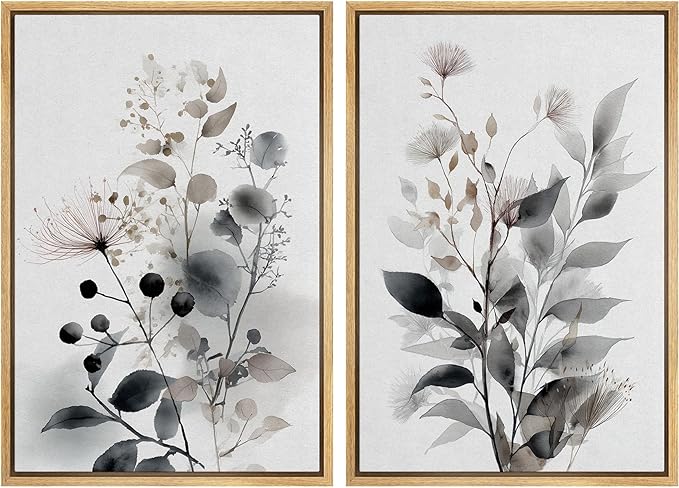 IDEA4WALL Framed Canvas Print Wall Art Set Neutral Botanical Watercolor Monochrome Leaves and Flowers Illustrations Modern Art Decorative Calm/Zen for Living Room, Bedroom, Office - 24"x36"x2 Natural