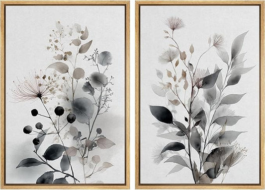 IDEA4WALL Framed Canvas Print Wall Art Set Neutral Botanical Watercolor Monochrome Leaves and Flowers Illustrations Modern Art Decorative Calm/Zen for Living Room, Bedroom, Office - 24"x36"x2 Natural