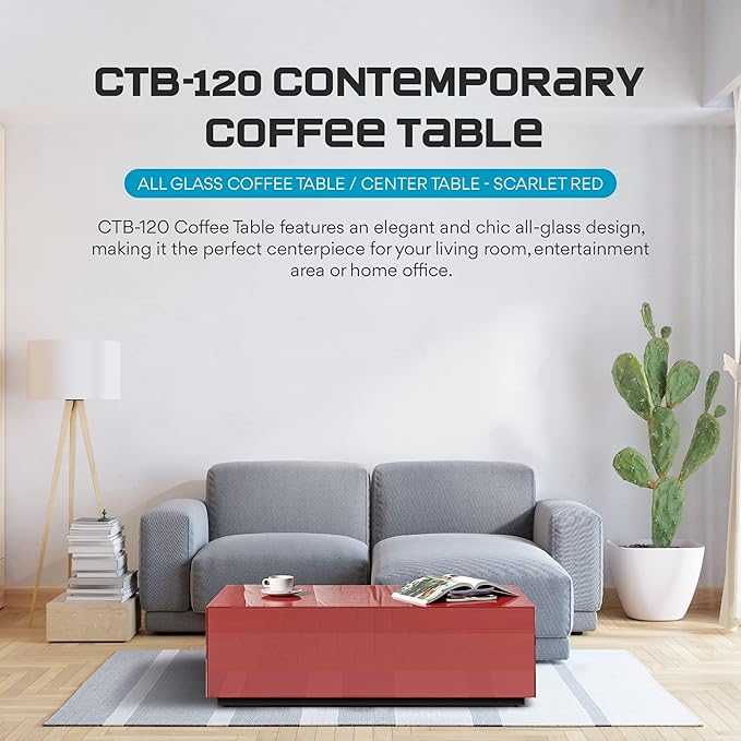 SONOROUS Premium Tempered Glass Coffee Table - Modern Red Rectangular Coffee Tables for Living Room - High Gloss Fingerprint Resistant Mid Century Design - Stylish Living Room Furniture & Décor