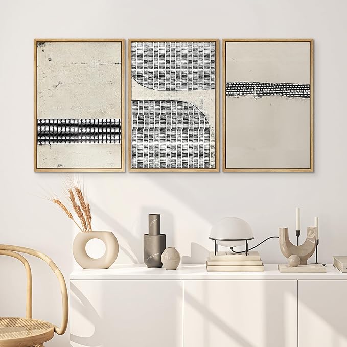 SIGNWIN Framed Canvas Print Wall Art Set Black Tan Grunge Grid Polygon Pattern Abstract Shapes Cozy Neutral Decorative Contemporary Minimal for Living Room, Bedroom, Office - 16"x24"x3 Natural