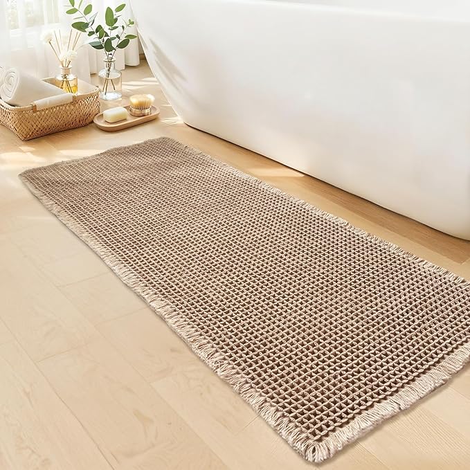 Waffle Runner Bath Mat - Long Boho Bathroom Rugs Non Slip Washable, Super Absorbent & Quick Dry, Soft Bath Mat Farmhouse Bathroom Decor, 24'' x 60'', Khaki