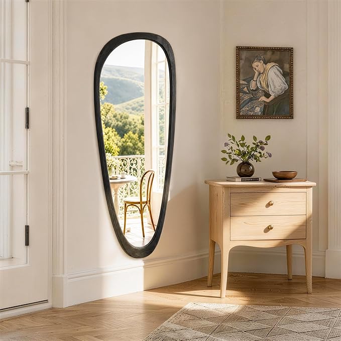 48" x 22" Asymmetrical Wall Mirror with Black Wood Frame, Irregular Decorative Mirror for Living Room Entryway Bedroom, Large Wall Mirror, HD Tempered Glass, Horizontal or Vertical Hanging
