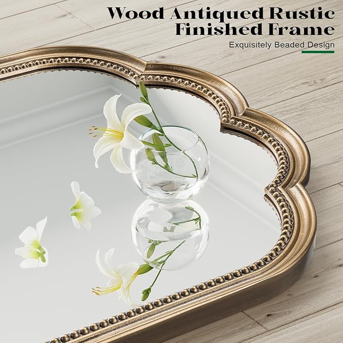 Scalloped Gold Mirror, 23" x 35" Gold Beaded Mirror Vanity, Antique Brass Oval Wooden Large Flower Mirror for Over Sink, Bathroom, Bedroom, Living Room, Fireplace, Entryway