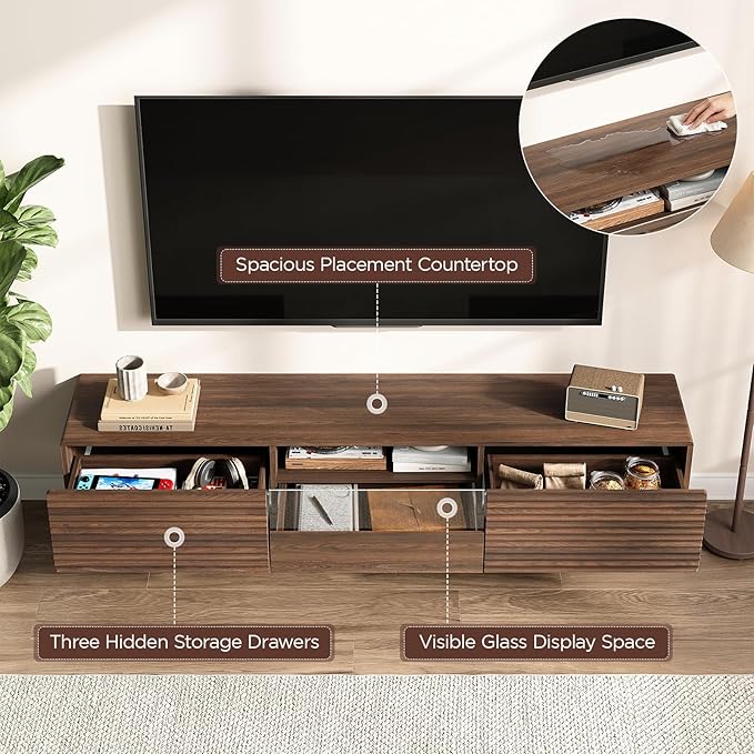 Maupvit 63" Floating TV Stand for TVs up to 75", Fluted Entertainment Center with Remote Control for LED Lights, Wall Mounted Shelf, Mid-Century Modern TV Console w/Glass Door for Living Room (Walnut)