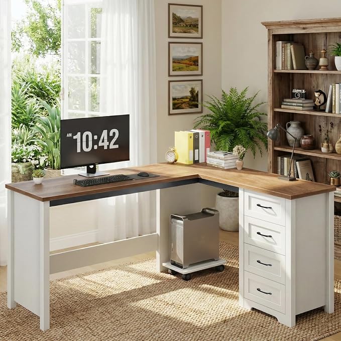 Vabches 61”Farmhouse L Shaped Executive Desk with Drawers, Corner Computer Desk with Mobile CPU Stand, Wood Writing Computer Desk for Work, Study