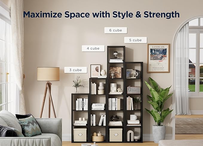 4 Cube Storage Organizer Single Row, Cube Shelf with Heavy-Duty Thick Boards, 13.31" L x 9.37" W x 48.82" H, Smooth Easy-Clean Panels, Simple Assembly, for Living Room Bedroom Office, Black
