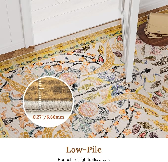 AMTOVO 5x7 Washable Area Rugs for Bedroom, Vintage Boho Floral Distressed Print Non-Slip Carpet, Soft Colorful Rug for Living Room Dining Room Nursery Farmhouse Girls Room, Golden Yellow