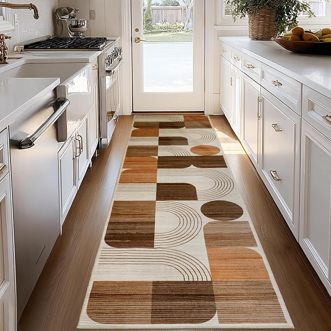 Machine Washable 2.7x10 Runner Rug, Soft Modern Geometric Abstract Orange Rugs for Bedroom Living Room, Non-Shedding Faux Wool Indoor Throw Floor Carpet for Office Entryway Dining Room Decor