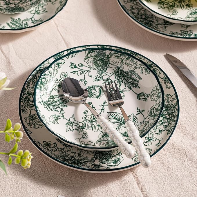 36-Piece Ceramic Dinnerware Set, Service for 6, Vintage Green Rose Floral Plates and Bowls Sets, Microwave & Dishwasher Safe, Porcelain Dinnerware Set for Kitchen & Dining