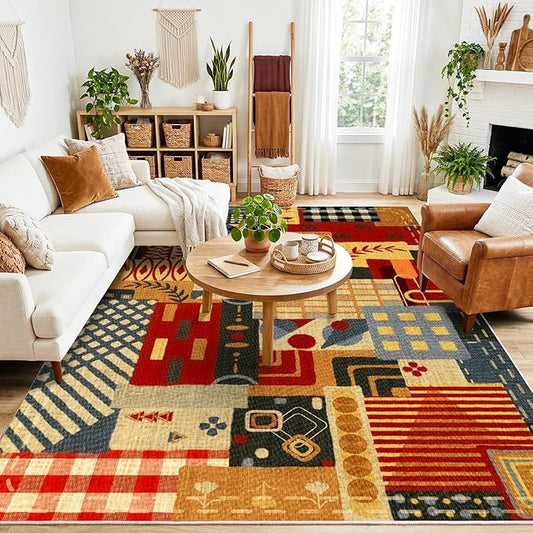 8x10 Abstract Tribal Patchwork Large Area Rug, Colorful Boho Tribal Geometric Rugs for Living Room, Non Slip Low Pile Washable Indoor Carpet Rug for Bedroom, Entryway, Dining Room, Home Office Decor