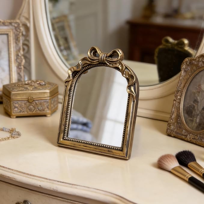 Vintage Carved Resin Desk Mirror 8x6 Inch Decorative Vanity Mirror for Makeup, Dorm, Bedroom & Tabletop Deco