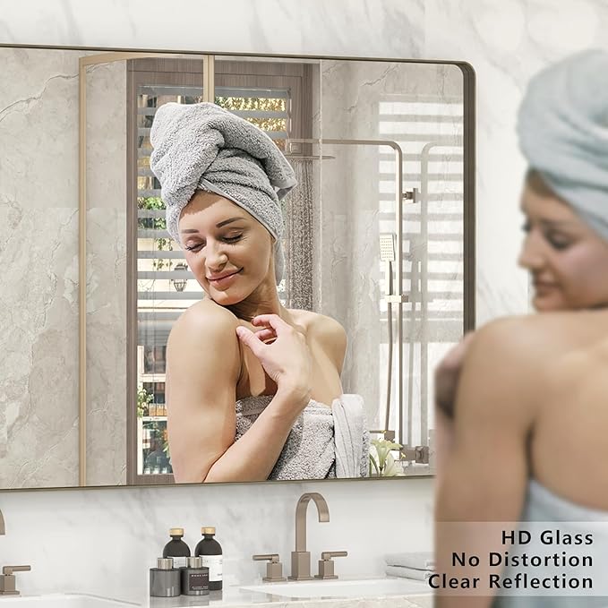 66x36 Inch Bronze Bathroom Mirror, Brushed Bronze Metal Frame Mirrors for Wall, Rounded Rectangle Bronze Mirror for Vanity,Farmhouse, Bedroom, Anti-Rust (Horizontal/Vertical)