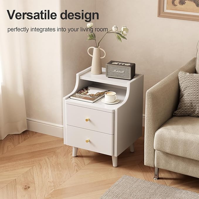 Narrow Nightstand with 2 Drawers,White Nightstand,Bedside Table,Solid Wood Modern Bedside Table for Bedroom,Study,Toilet