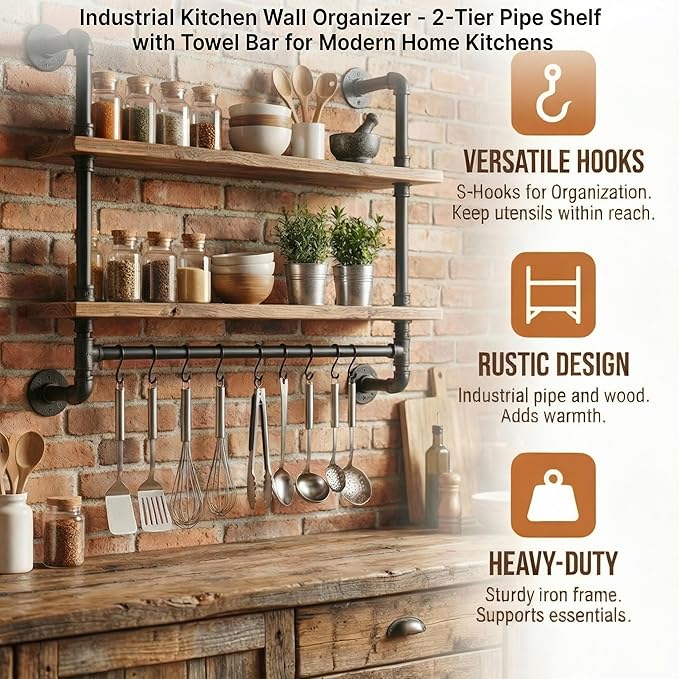 ROGMARS 2 Tier 24" Extra Deep Industrial Pipe Floating Wall Shelves | Rustic Pine Wood Pipe Bathroom Shelves with Towel Bar | Industrial Pipe Shelving for Small Space Storage