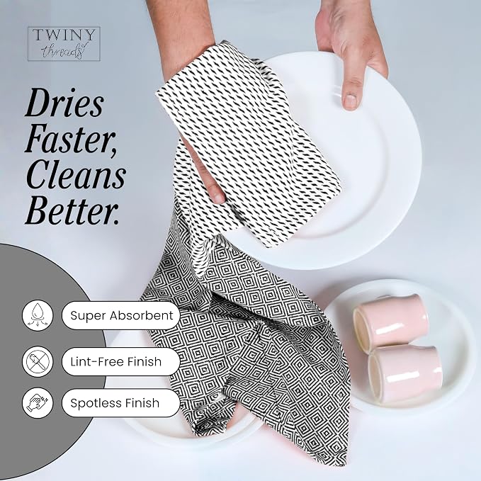 TWINY threads Dish Towel Diamond Design Assorted Colors, Premium Large 100% Cotton Kitchen Linen Set, Quick Drying Absorbent Wash Rags, Reusable Washable for Daily Cleaning, 4 Pack, 18"x26"
