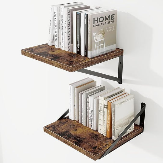 Deep Wall Shelves 12"W x 12"D Engineered Wood Floating Shelves for Wall, Sturdy Metal Bracket Bookshelves Home Decor Storage for Living Room Bedroom Bathroom Kitchen, Set of 2, Rustic Brown Finish