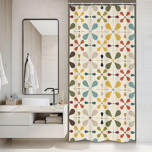 Boho Mid Century Shower Curtain Bathroom Set 36Wx71H Inches Small Stall Modern Vintage Abstract Bohemian Colourful Geometric Retro Bath Accessories Aesthetic Art Home Decor Fabric 7 Pack Hooks
