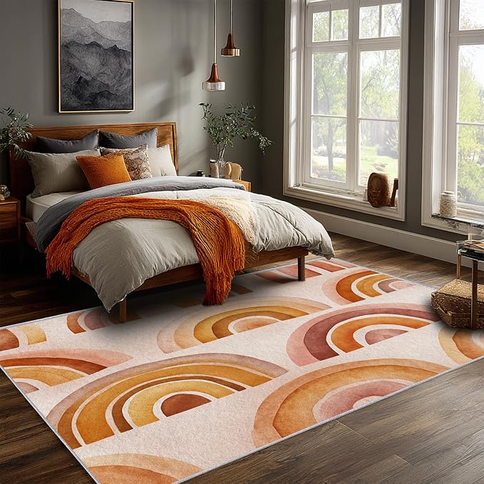 Retro Arcs Area Rug 5x7, Minimalist Arch Pattern Rug, Modern Retro Neutral Carpet for Living Room Bedroom, Non Slip Washable Rug