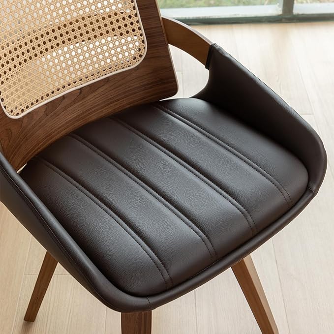 Set of 4 Mid Century Modern Chairs - Swivel Retro Walnut Dining Chairs with Ergonomic Cane Back, Curved Arms, Faux Leather Dining Chairs for Restaurant/Kitchen/Living Room (Walnut Brown)