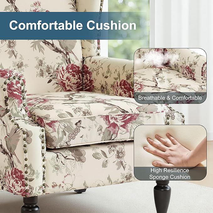 Wingback Chair, High Back Floral Accent Chair in Fabric, Comfy Upholstered Armchair with Nailhead Trim for Living Room, Single Sofa Reading Chair for Small Spaces, Bedroom-Floral Beige