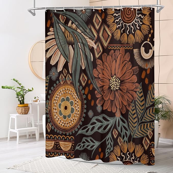 MitoVilla Long Boho Shower Curtain Set 72 x 78, Floral Rustic Shower Curtains 78 inch Long for Vintage Bathroom Decor, Bohemia Fabric Bathroom Shower Curtain with Tropical Leaves