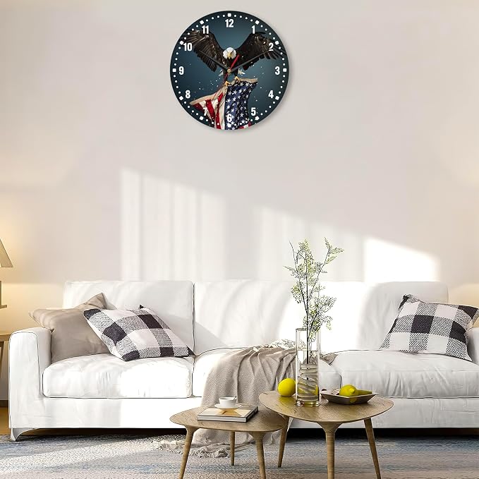 SPUNKER America Flag Eagle Wall Clocks,Patriotic Bald Eagle Wall Clock Battery Operated 10 Inch,Round Clock Silent Non-Ticking Wall Decor for Farmhouse Office Home School Living Room Bedroom