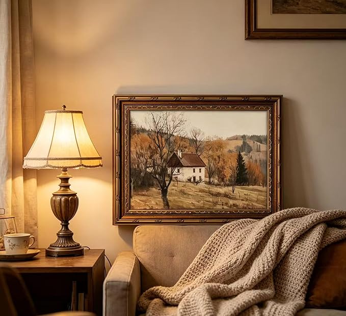 Vintage Gold Framed Autumn Country Cottage Wall Art ，Rustic Farmhouse Landscape Canvas Prints, Retro Fall Cabin Painting for Living Room Bedroom Kitchen Wall Decor，9x11in