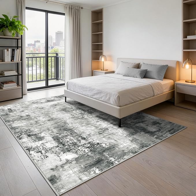 Merelax Washable Area Rugs 8'x10' Grey Abstract Rug for Living Room Bedroom Entryway Nursery, Dining Room and Farmhouse Rug, Non-Slip Modern Indoor Low Pile Soft Floor Carpet, Gray Print Pattern