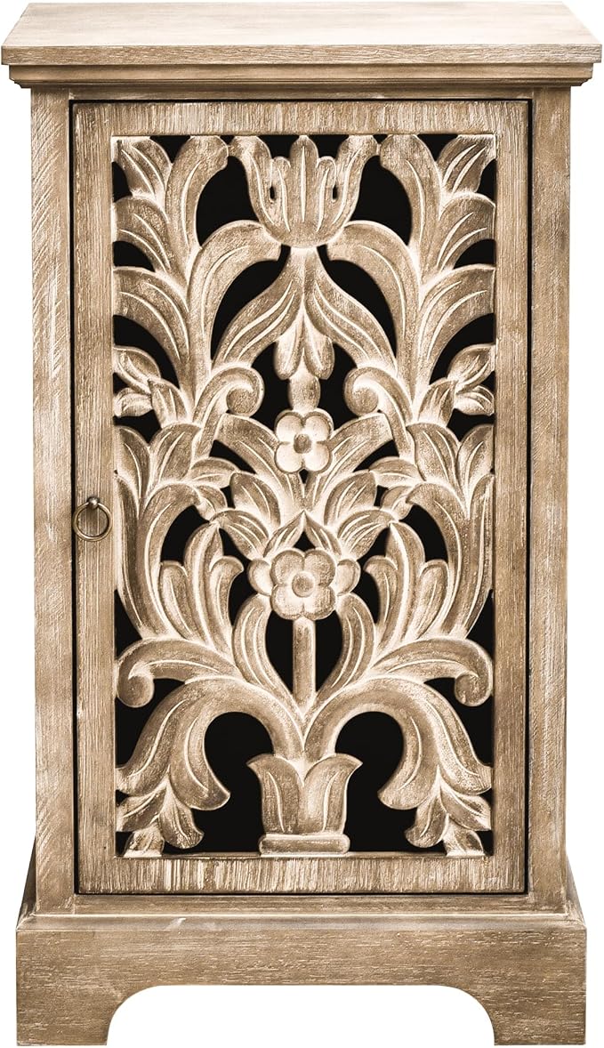 eHemco Vintage Hollow Carved Door End Table, 18 x 14 x 30.5 Inches, Storage Cabinet with Decorative Panel, Indoor Living Room Side Table, Natural