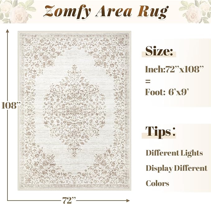 Area Rug 6x9 Vintage Rug: Washable Indoor Medallion Rugs Low Pile Distressed Floor Carpet Retro Accent Rug for Living Room Bedroom Kitchen Dining Table Home Office(Vintage Beige, 6'x9')