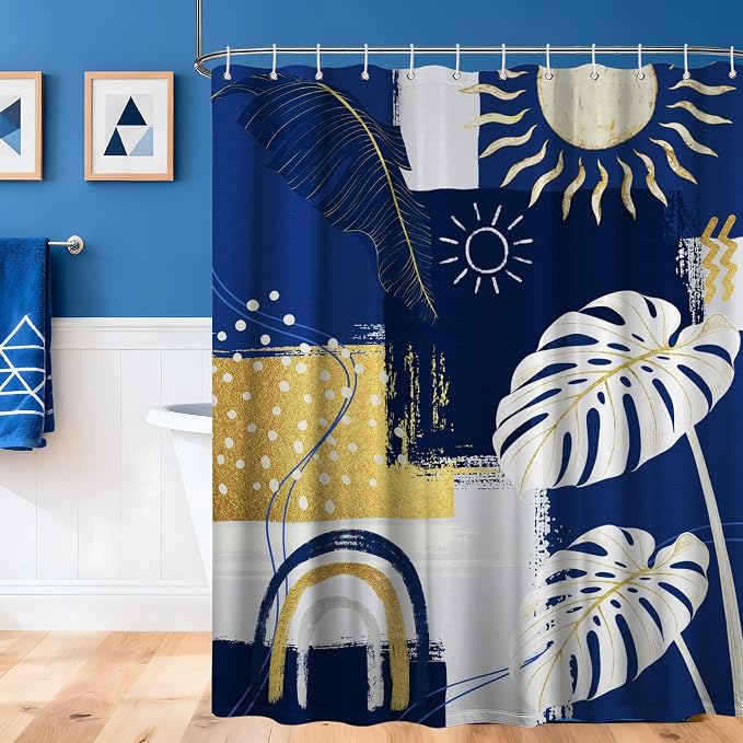 Small Stall Narrow Shower Curtain Blue and White Stand Up Abstract Navy Blue and Gold Boho Shower Curtains for Rv Camper Bathroom Decor Sets, Waterproof Cloth Fabric with Hooks, 36 x 72 Inch