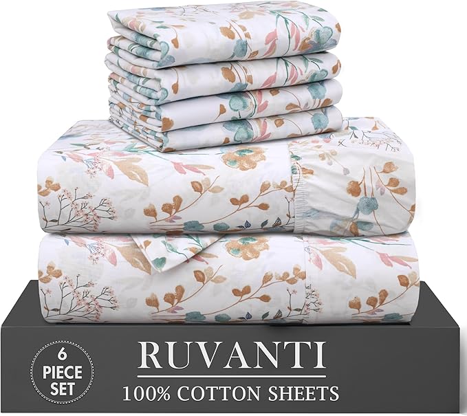 RUVANTI 100% Cotton Percale Sheets Queen Size 6 Piece Set, Cooling Bed Sheets for Hot Sleepers, Deep Pocket 16”, Breathable Lightweight & Durable, Crisp Hotel Style Sheets, Radiant