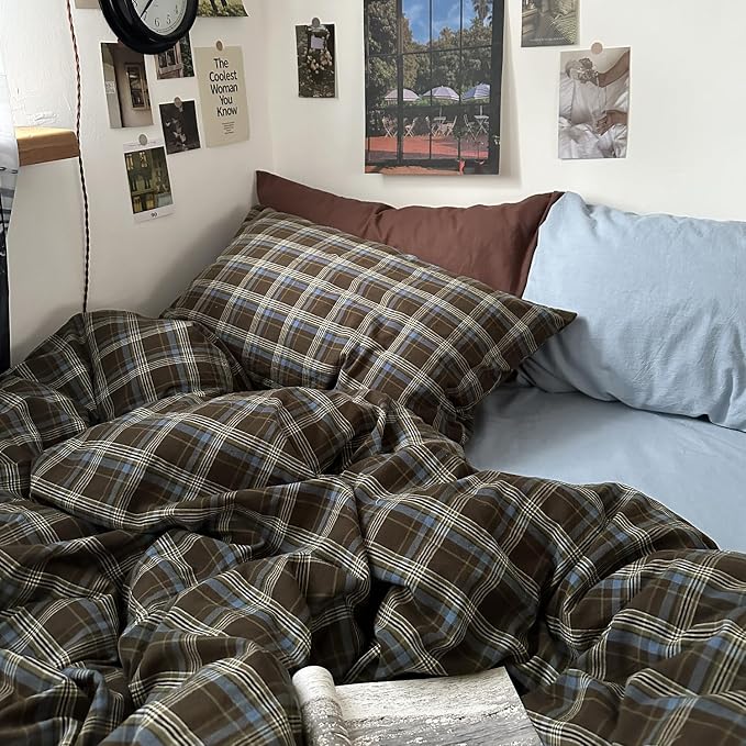 mixinni Vintage Brown & Blue Buffalo Plaid Duvet Cover Set King Size - 3 Piece Washed Cotton Bedding Set with Grid Pattern, Soft & Breathable Duvet Cover with Pillowcases for All Seasons