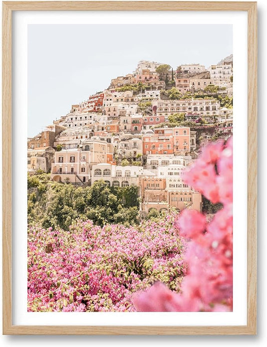 HesenDot Natural OAK Wood Amalfi Coast Framed Wall Art,12x16in Italy Beach Canvas Wall Print, Pink Flowers House Boho Wall Decor for Living Room,Bedroom,Office Gallery Gifts Set of 1