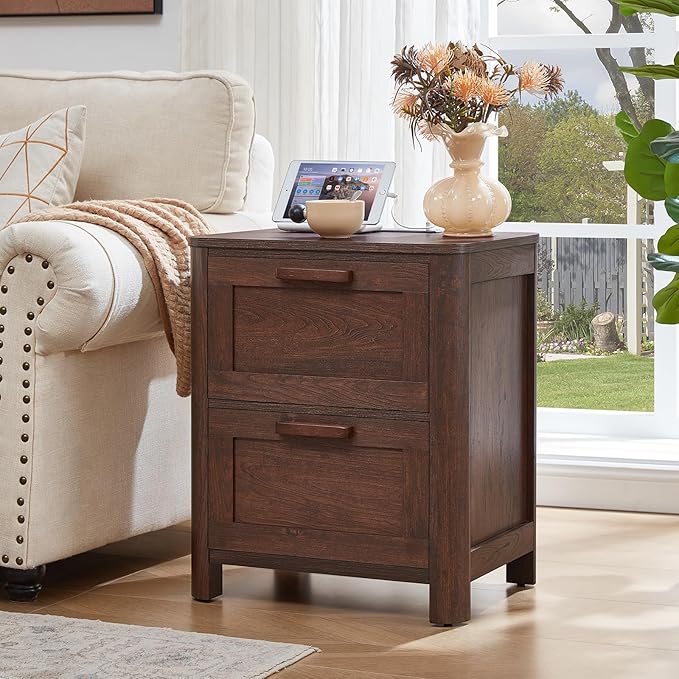 Farmhouse Nightstand Set of 2 with Charging Station, End Tables Bedroom with 2 Large Drawers & 4 Thickened Table Legs, Walnut