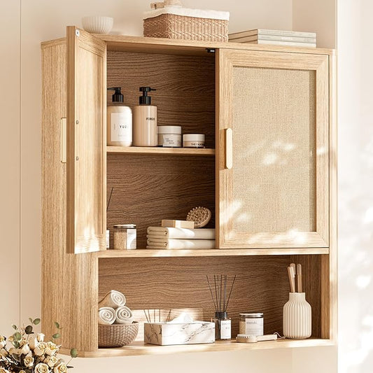 Rattan Bathroom Wall Cabinet with Open Compartments, Wall-Mounted Medicine Cabinet with Adjustable Wood Shelf & Doors, Over The Toilet Storage Cabinet for Laundry Room & Kitchen & Living Room
