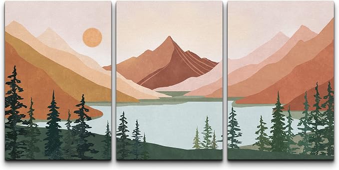wall26 Canvas Print Wall Art Set Geometric Mountain Forest Lake Abstract Nature Illustrations Modern Art Nordic Decorative Wilderness Zen Minimal Boho for Living Room, Bedroom, Office - 24"x36"x3