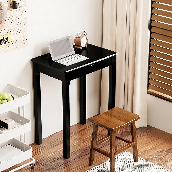 Solid Wooden Desk with Drawers - 24 x 16 Inch Narrow Desks for Small Spaces, Rubberwood Simple Study Table, Small Writing Desk for Bedroom - Modern Black Desks