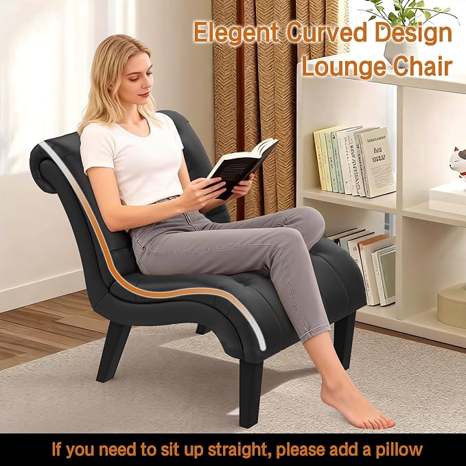 PU Leather Accent Chairs Set of 2 Button Tufted Upholstered Modern Armless Lounge Chair for Bedroom Living Room Side Chairs with Wood Legs Black