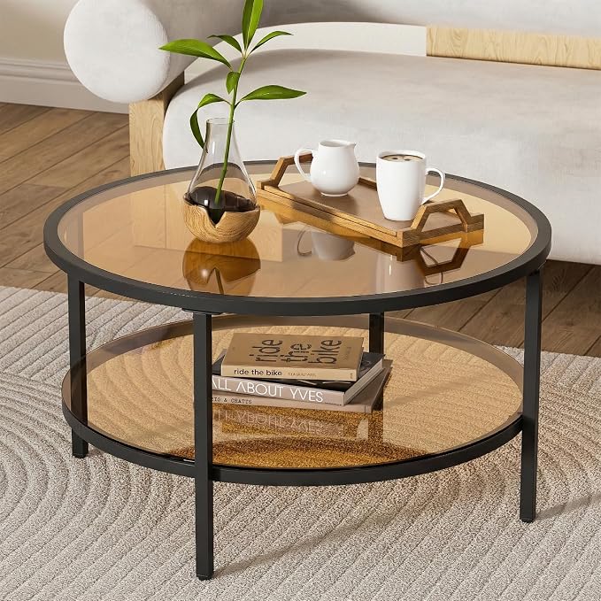 DIYART 29.5" Round Glass Coffee Table, 2-Tier Modern Amber Glass & Metal End Table for Living Room, Mid Century Accent Table with Lower Shelf, 29.5" D x 16.5" H